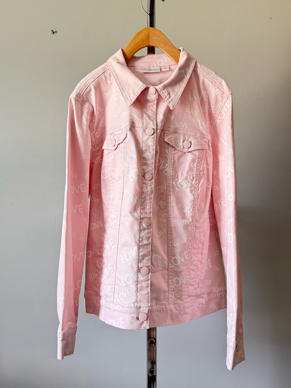Belle by Kim Gravel Pink Denim Jacket XL Love Is In The Air Coquette EUC